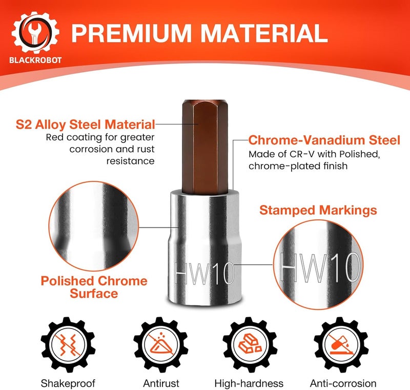 BLACKROBOT 10 mm Hex Bit Socket, 3/8 Inch Drive HW10 Allen Key Socket, Metric, Full Polished, S2 Steel Head Made For Repairing - Image 2